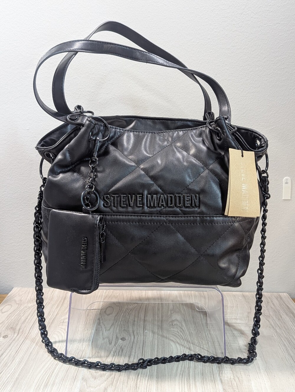 Steve Madden Bowen Black Quilted Shoulder Bag Black Hardware w/Coin Pouch